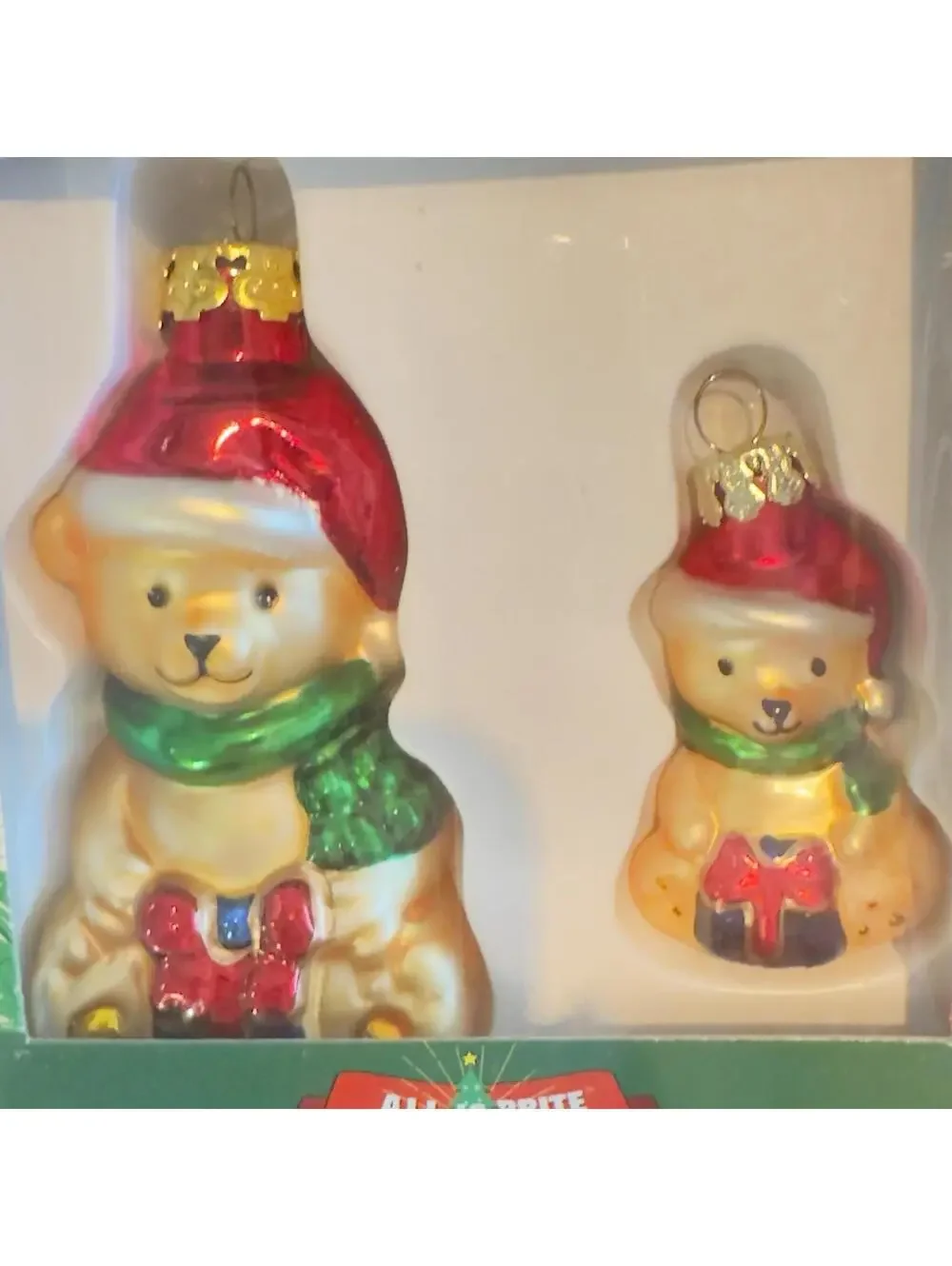 Handpainted Mini Glass Ornaments ALL IS BRITE Santa Snowman Teddy Bear Vintage